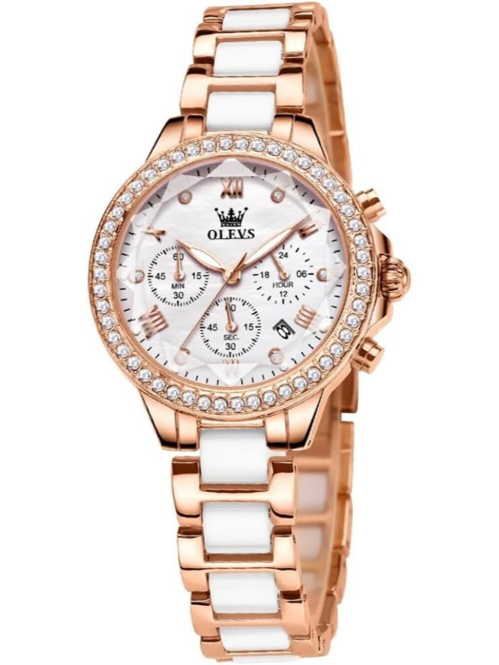 Olevs Women's White Skeleton Diamond Rose Gold Automatic Elegant Luxury Watch